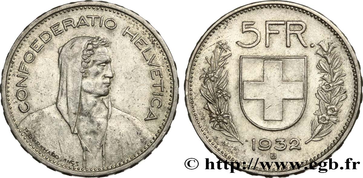 SWITZERLAND 5 Francs Berger des Alpes 1932 Berne XF 