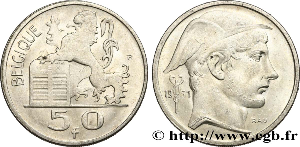 BÉLGICA 50 Francs Mercure Légende française 1951  EBC 