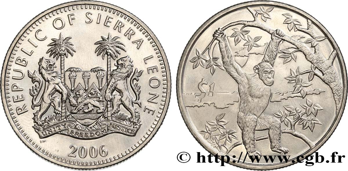 SIERRA LEONE 1 Dollar Proof chimpanzé 2006  fST 