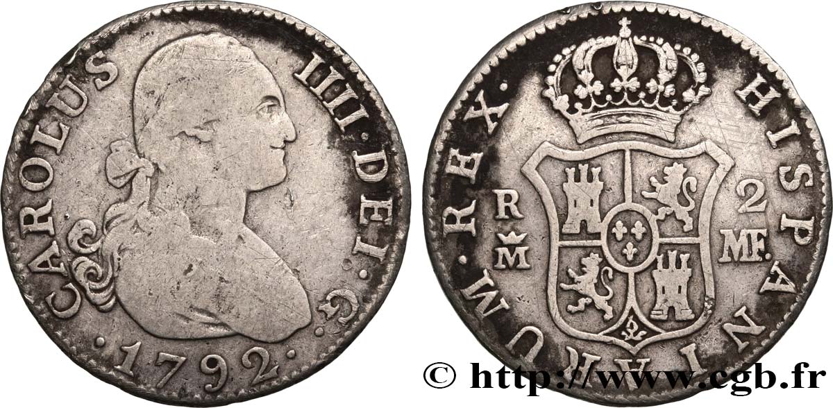 SPAIN 2 Reales Charles IV 1792 Madrid VF 