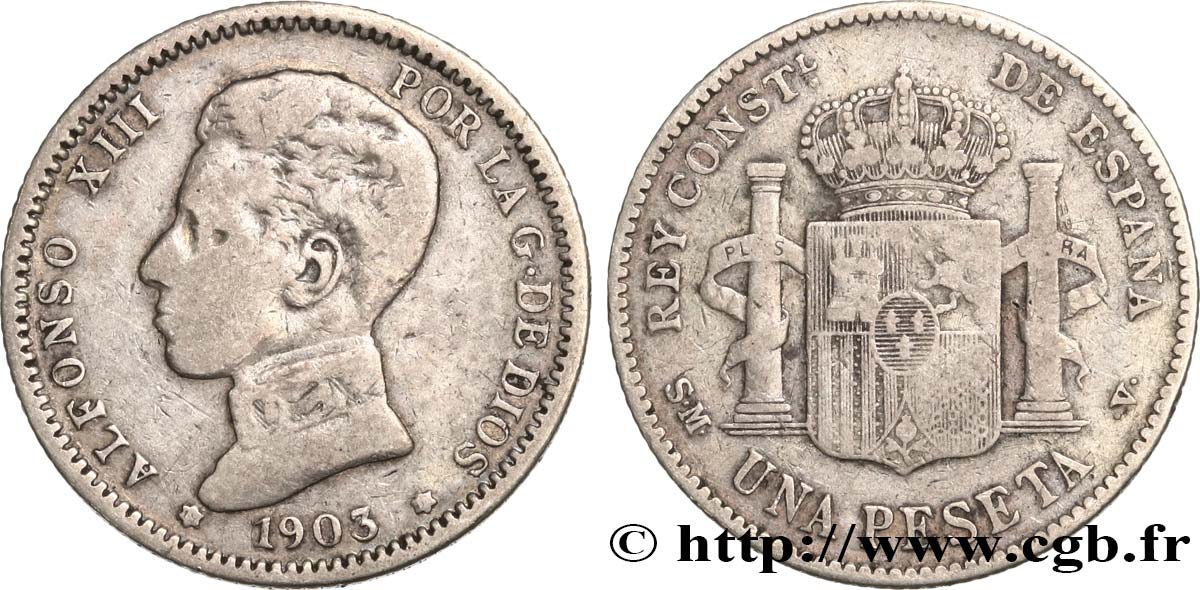 ESPAGNE 1 Peseta Alphonse XIII 4e type de buste 1903 Madrid TB 