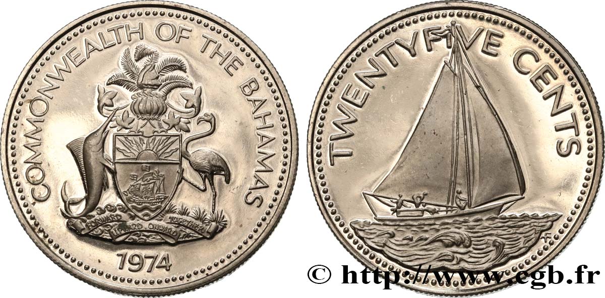 BAHAMAS 25 Cents Proof sloop 1974  MS 