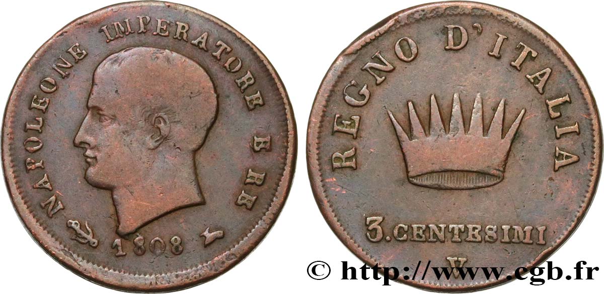 ITALY - KINGDOM OF ITALY - NAPOLEON I 3 Centesimi  1808 Venise VF 