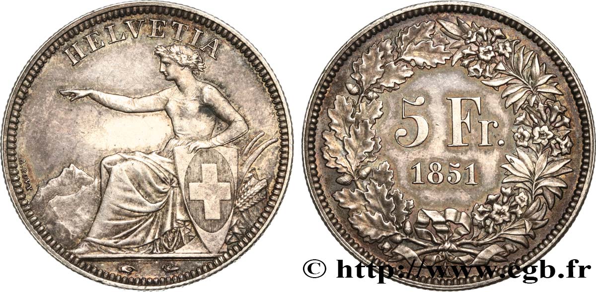 SUISSE - CONFEDERATION 5 Francs Helvetia assise 1851 Paris AU/XF 