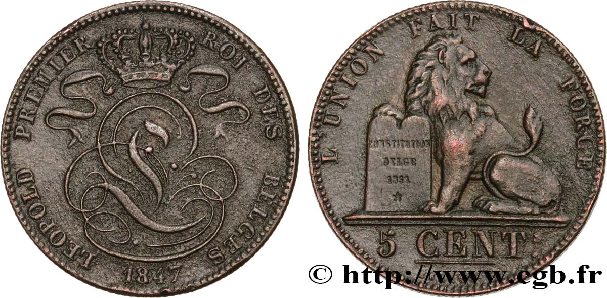 BELGIUM 5 Centimes Léopold Ier 1847  VF 