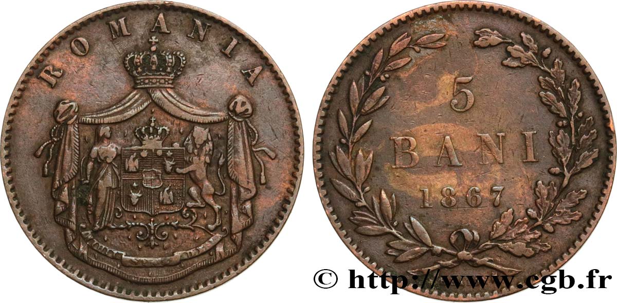 ROMANIA 5 Bani 1867 Heaton XF/AU 