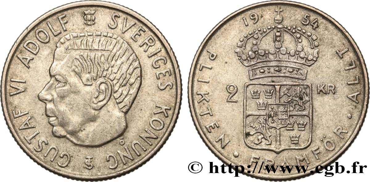 SWEDEN 2 Kronor Gustave V 1954  AU 