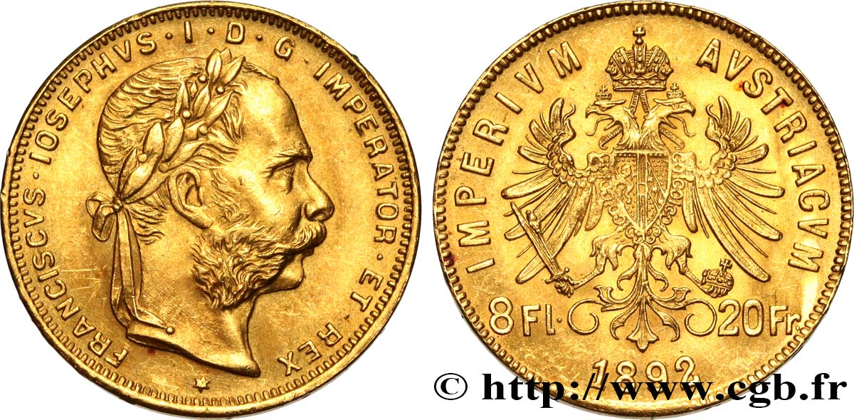 AUTRICHE 8 Florins ou 20 Francs or François-Joseph Ier 1892 Vienne SPL 