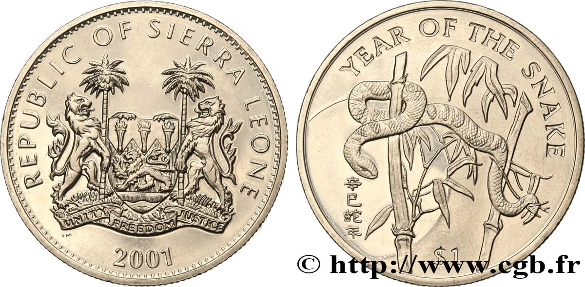 SIERRA LEONE 1 Dollar Proof année du serpent 2001 Pobjoy Mint SPL 