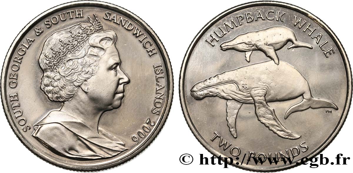 GEORGIA DEL SUD E ISOLE SANDWICH MERIDIONALI 2 Pounds (2 Livres) Proof baleines à bosse 2006 Pobjoy Mint MS 