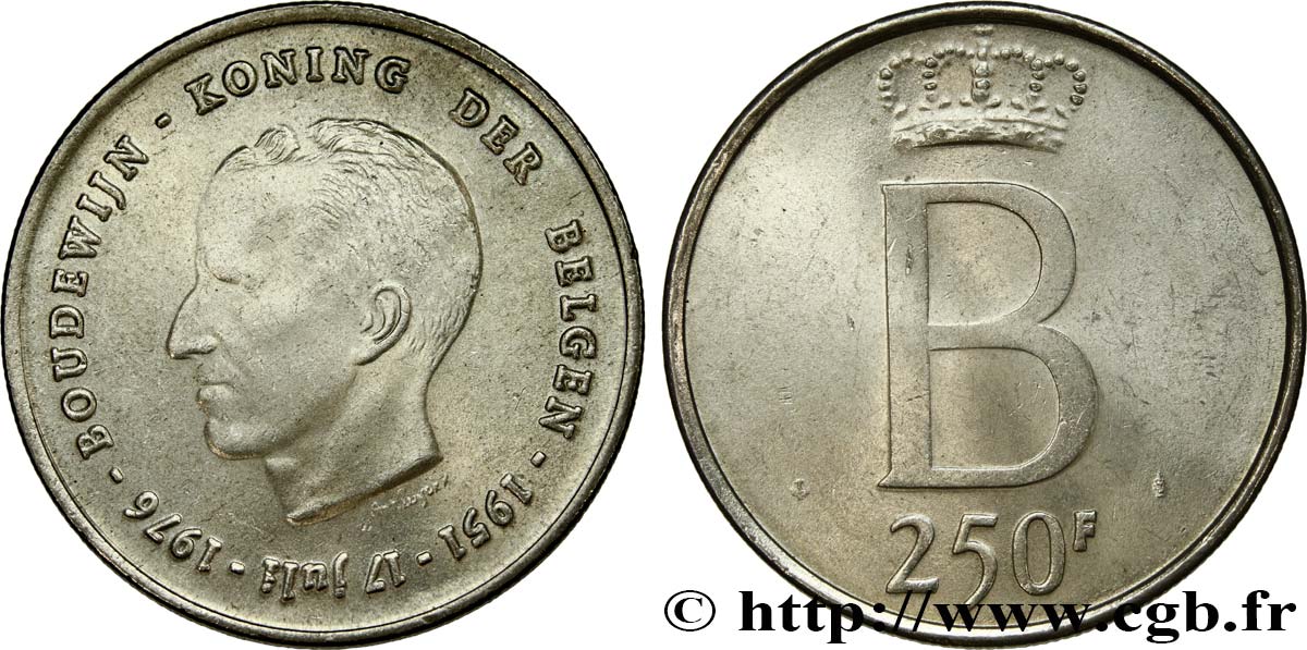 BELGIQUE 250 Francs jubilé d’argent du roi Baudouin légende flamande 1976 Bruxelles SUP 