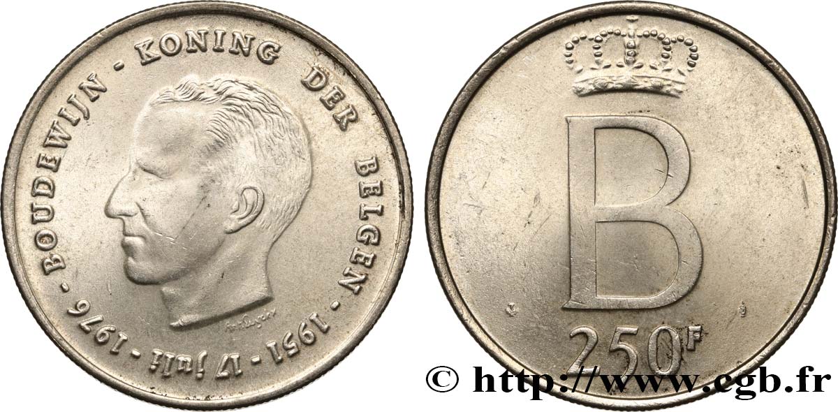 BELGIO 250 Francs jubilé d’argent du roi Baudouin légende flamande 1976 Bruxelles SPL 