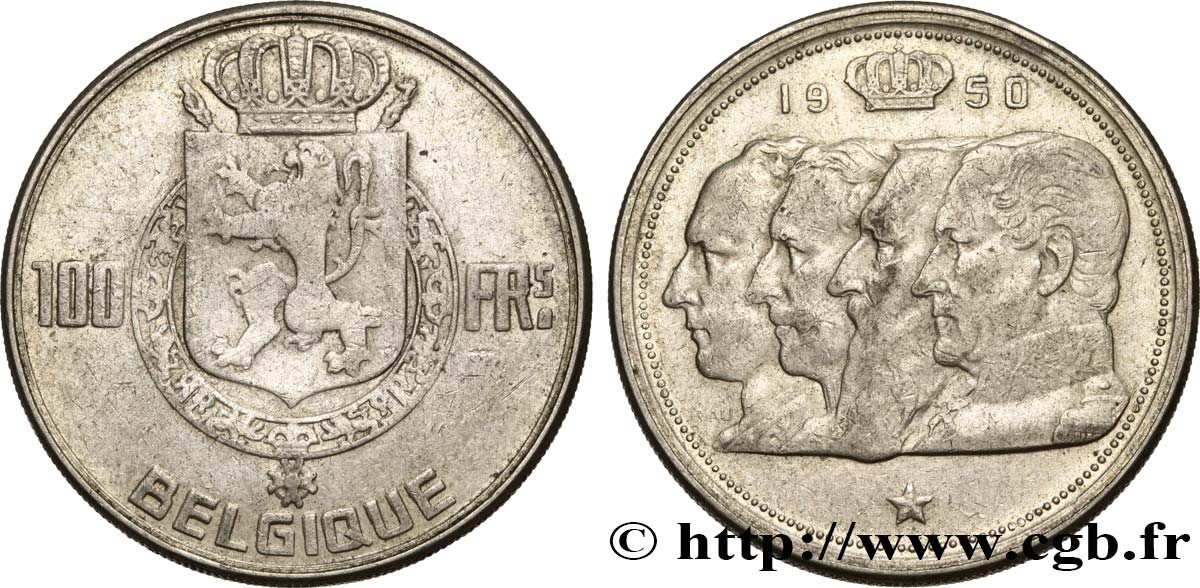BÉLGICA 100 Francs armes au lion / portraits des quatre rois de Belgique, légende française 1950  MBC 