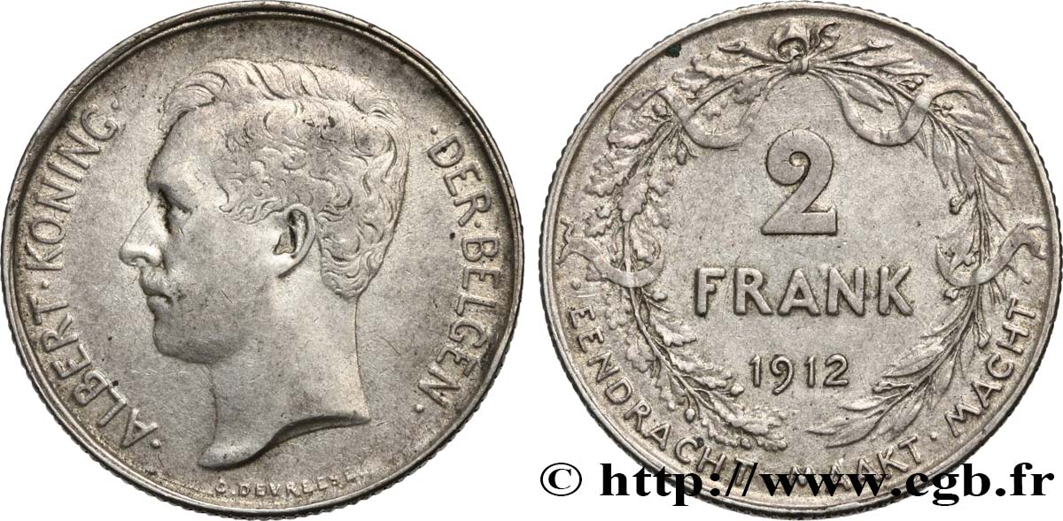 BELGIQUE 2 Frank (Francs) Albert Ier légende flamande 1912  TTB/SPL 