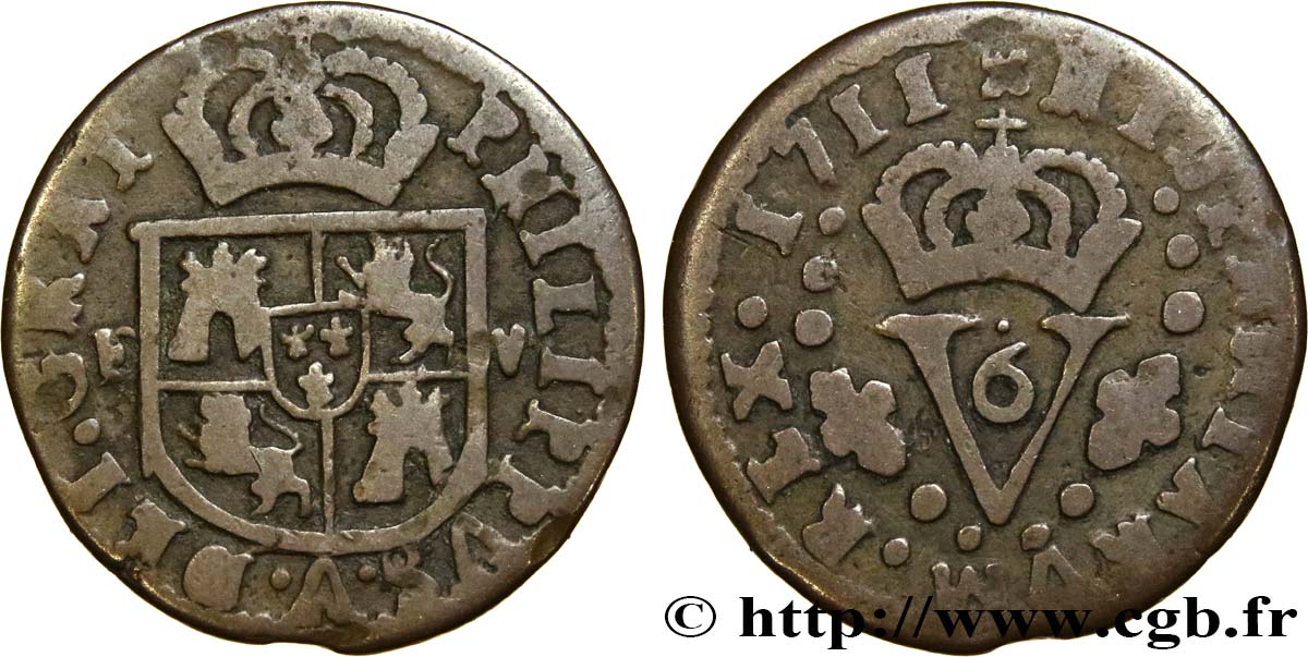 ESPAÑA 1 Seiseno Philippe V variété au N inversé 1711 Valence BC+ 