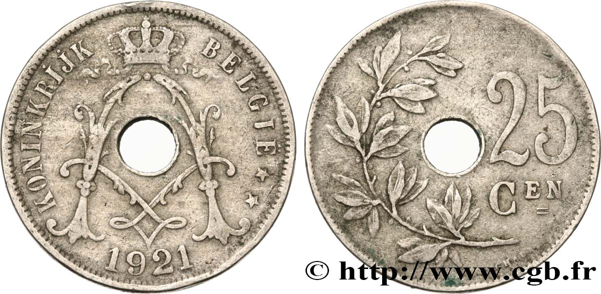 BELGIUM 25 Centiemen (Centimes) 1921  XF 