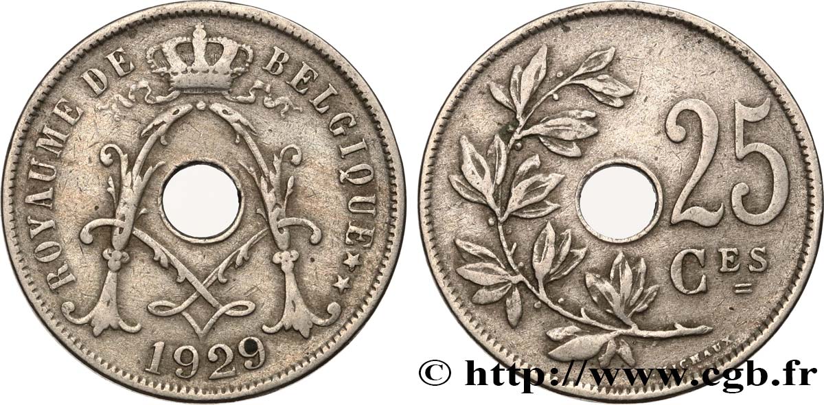 BELGIUM 25 Centimes 1929  XF 