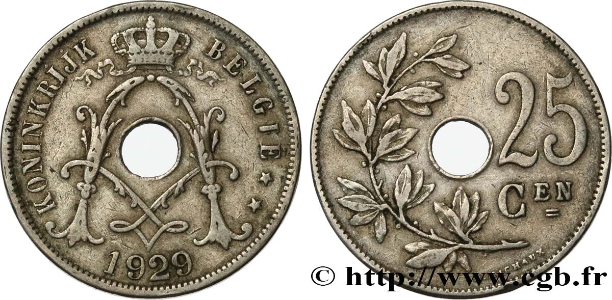 BELGIQUE 25 Centiemen (Centimes) 1929  TTB 