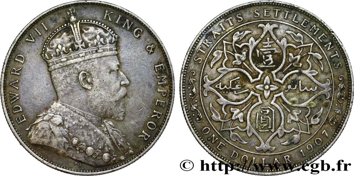 MALAYSIA - STRAITS SETTLEMENTS 1 Dollar Edouard VII 1907 Bombay AU/AU 