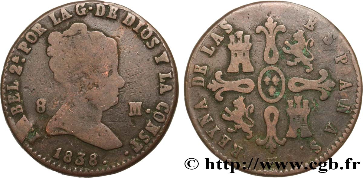 ESPAGNE 8 Maravedis Isabelle II 1838 Ségovie TB 