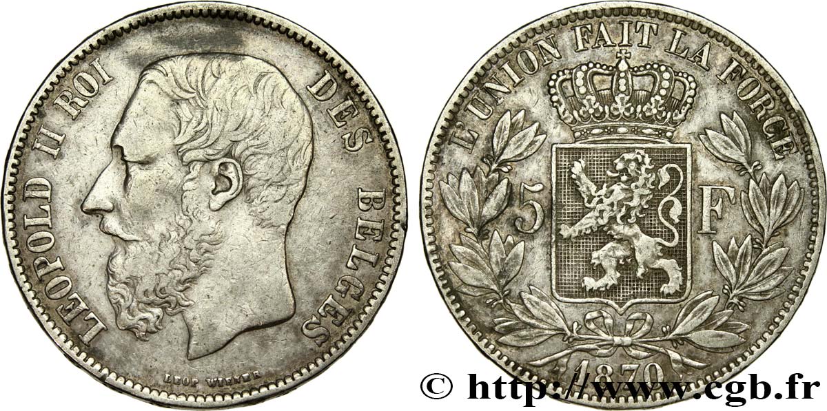 BELGIQUE 5 Francs Léopold II 1870  TTB 