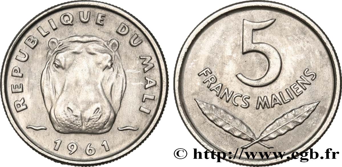 MALI 5 Francs Malien hippopotame 1961  SPL 