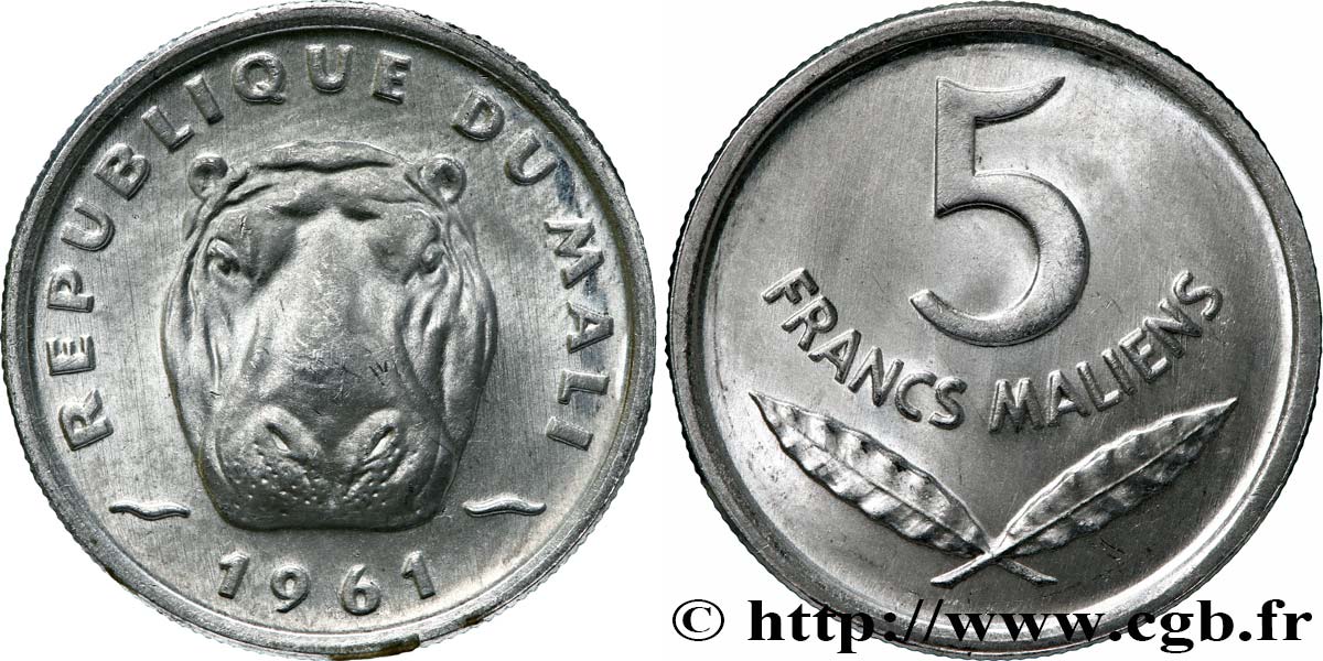 MALI 5 Francs Malien hippopotame 1961  SPL 