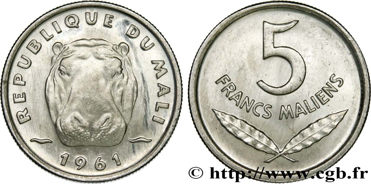 MALI 5 Francs Malien hippopotame 1961  fST 