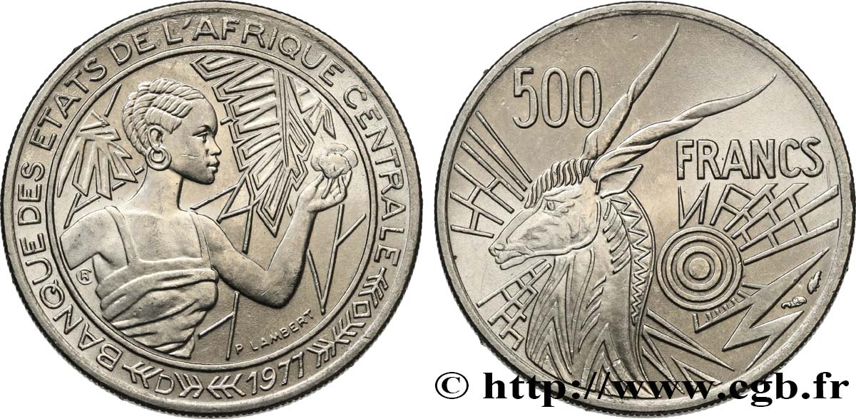 ESTADOS DE ÁFRICA CENTRAL
 500 Francs femme / antilope lettre ‘D’ Gabon 1976 Paris SC 