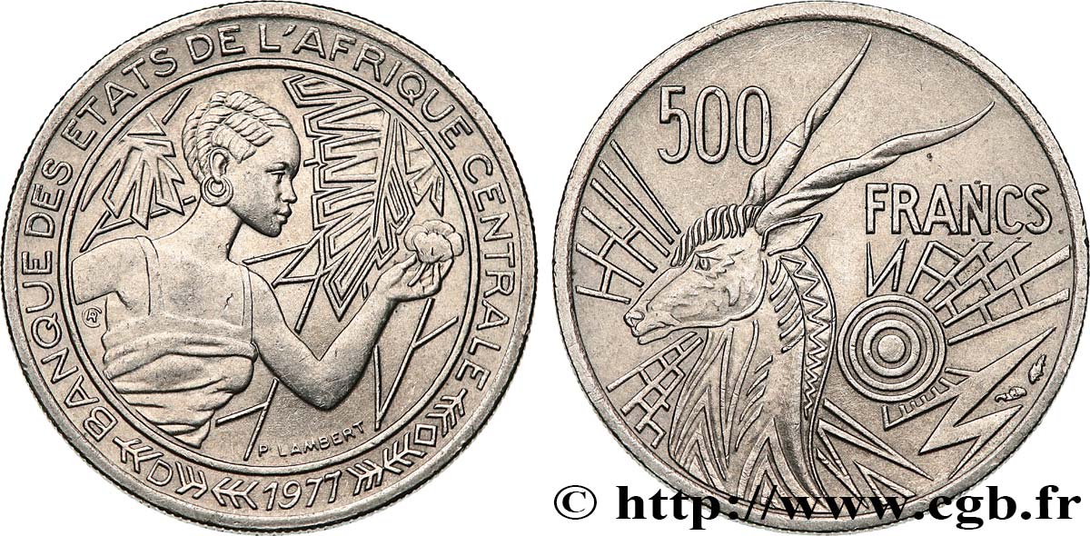 ESTADOS DE ÁFRICA CENTRAL
 500 Francs femme / antilope lettre ‘D’ Gabon 1976 Paris SC 