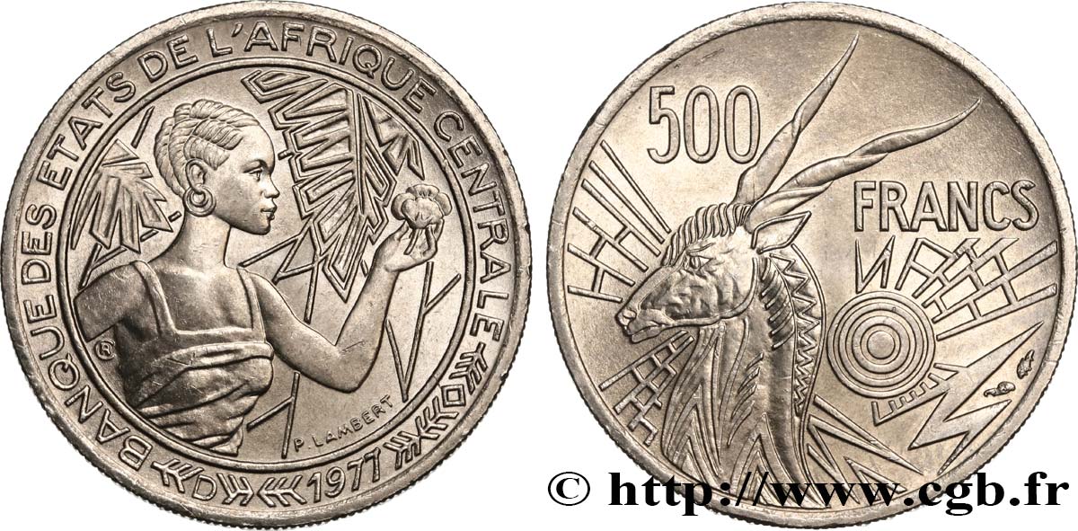 ESTADOS DE ÁFRICA CENTRAL
 500 Francs femme / antilope lettre ‘D’ Gabon 1977 Paris SC 