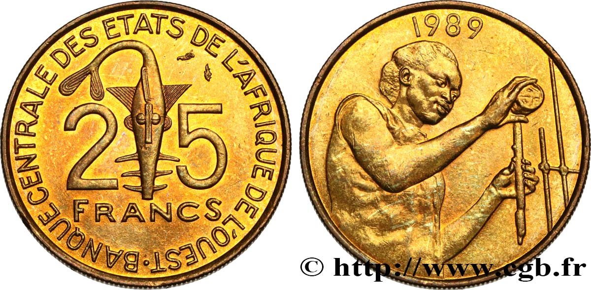 ESTADOS DE ÁFRICA DEL OESTE 25 Francs BCEAO 1989 Paris SC 