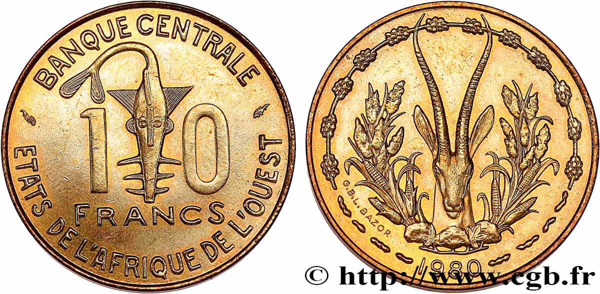 ESTADOS DE ÁFRICA DEL OESTE 10 Francs BCEAO 1980 Paris SC 