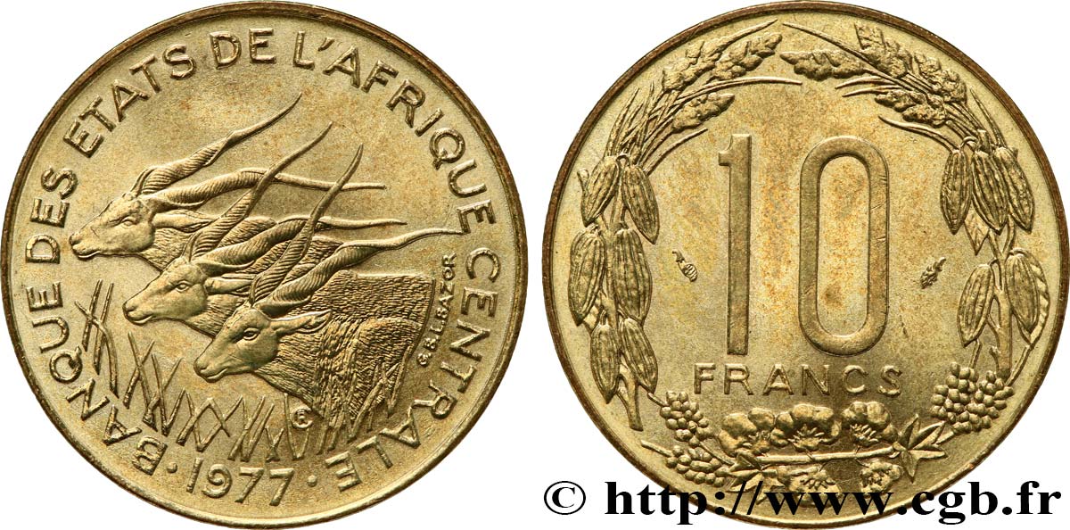 STATI DI L  AFRICA CENTRALE 10 Francs antilopes 1977 Paris MS 