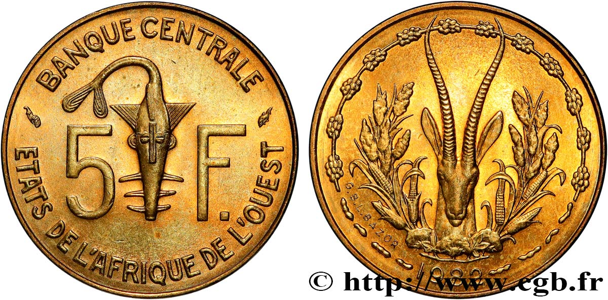 WESTAFRIKANISCHE LÄNDER 5 Francs BCEAO masque / antilope 1982 Paris fST 