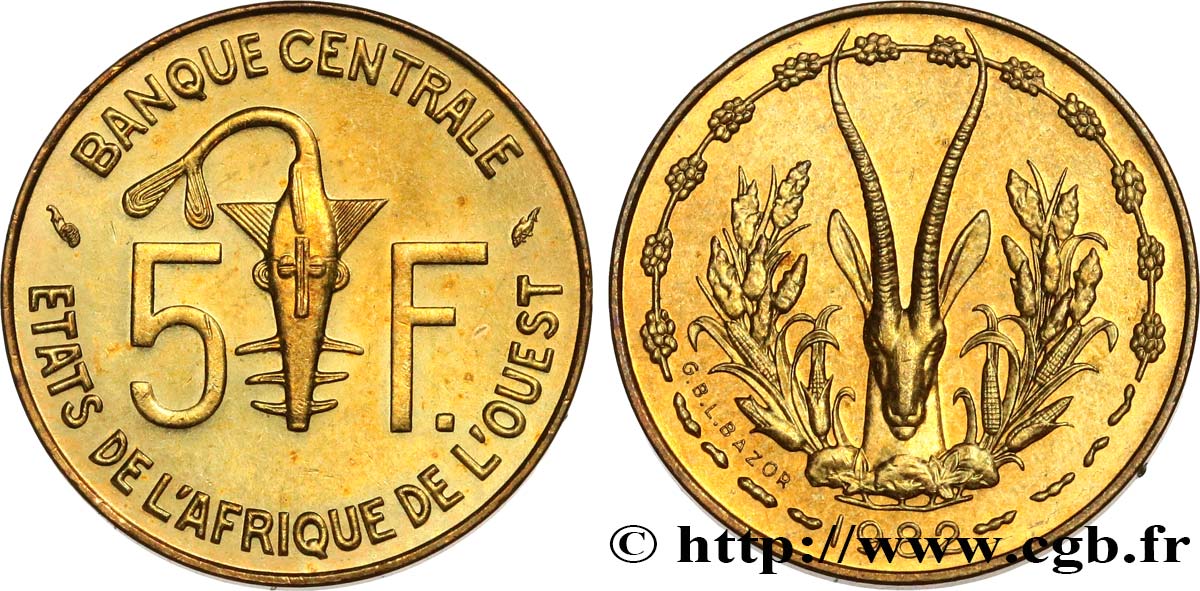 ÉTATS DE L AFRIQUE DE L OUEST (BCEAO) 5 Francs BCEAO masque / antilope 1982 Paris SPL 