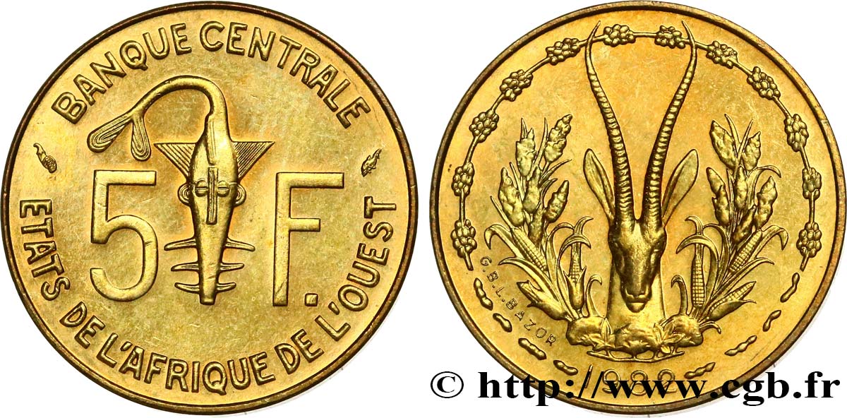 WESTAFRIKANISCHE LÄNDER 5 Francs BCEAO masque / antilope 1982 Paris fST 