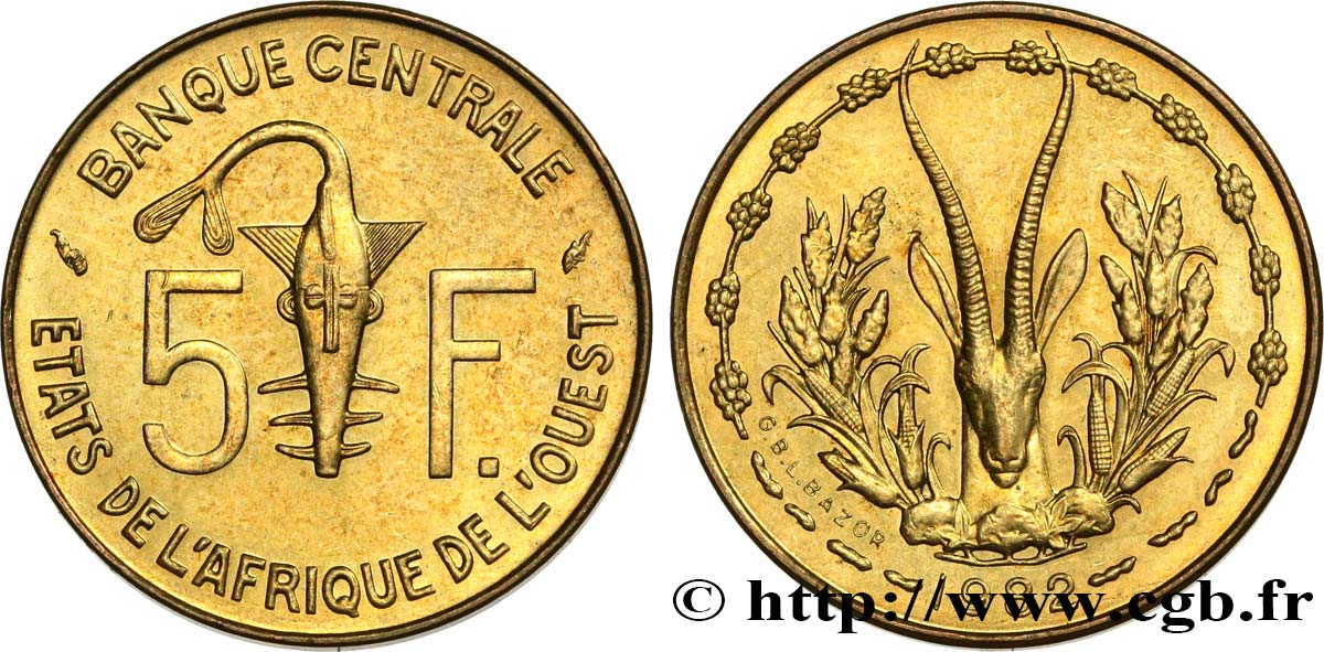 WEST AFRICAN STATES (BCEAO) 5 Francs BCEAO masque / antilope 1982 Paris MS 