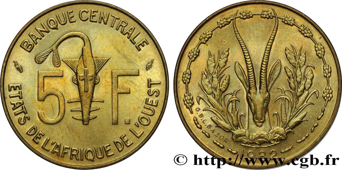 STATI DI L  AFRICA DE L  OVEST 5 Francs BCEAO masque / antilope 1982 Paris MS 