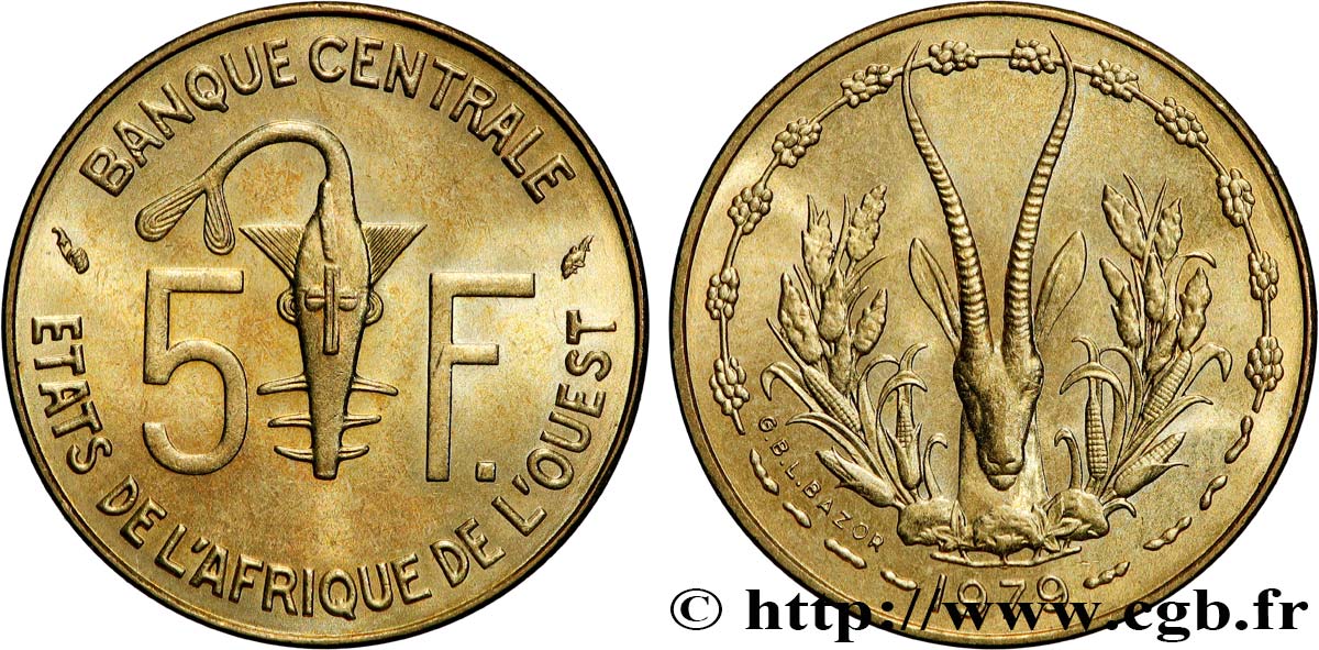 ÉTATS DE L AFRIQUE DE L OUEST (BCEAO) 5 Francs BCEAO masque / antilope 1979 Paris SPL 