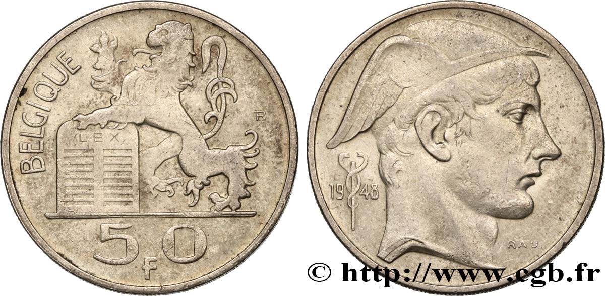 BELGIUM 50 Francs Mercure, légende française 1948  XF 