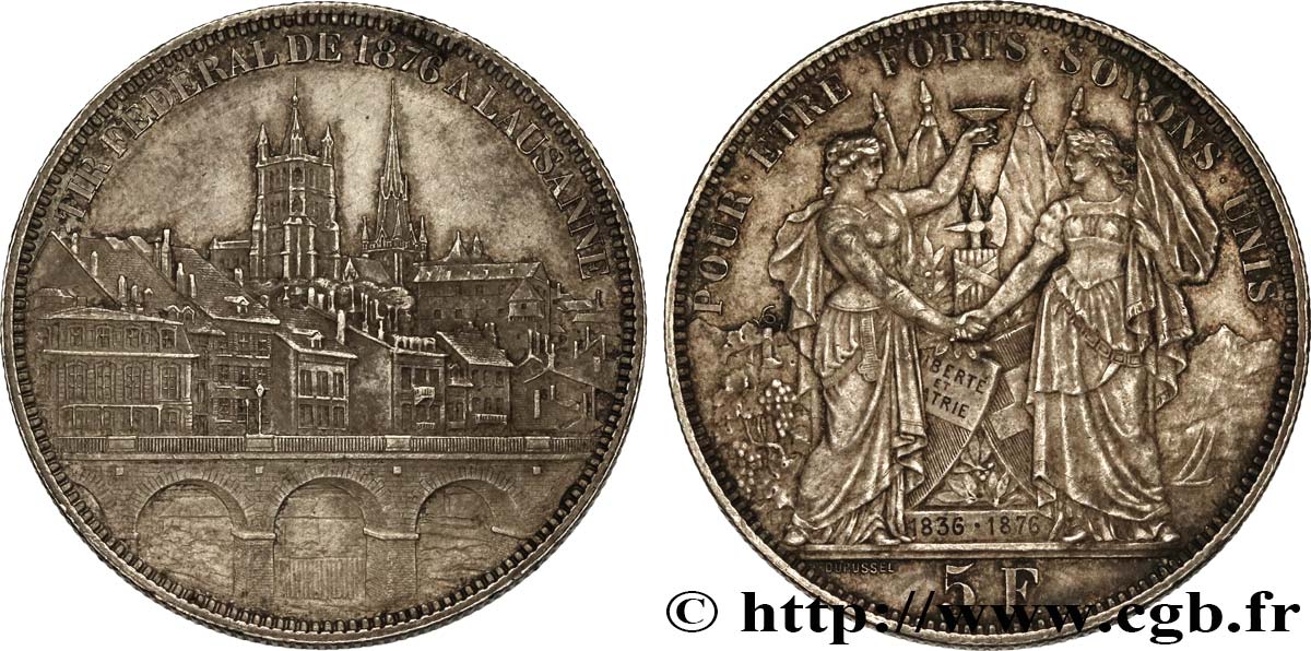 SVIZZERA  5 Francs, monnaie de Tir, Lausanne 1876  SPL 