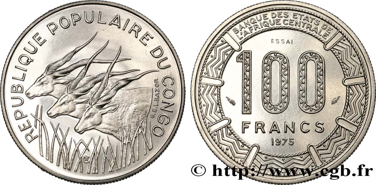 REPUBLIK KONGO Essai de 100 Francs type “BCEAC”, antilopes 1975 Paris fST 