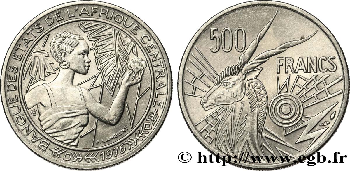 CENTRAL AFRICAN STATES 500 Francs femme / antilope lettre ‘D’ Gabon 1976 Paris MS 