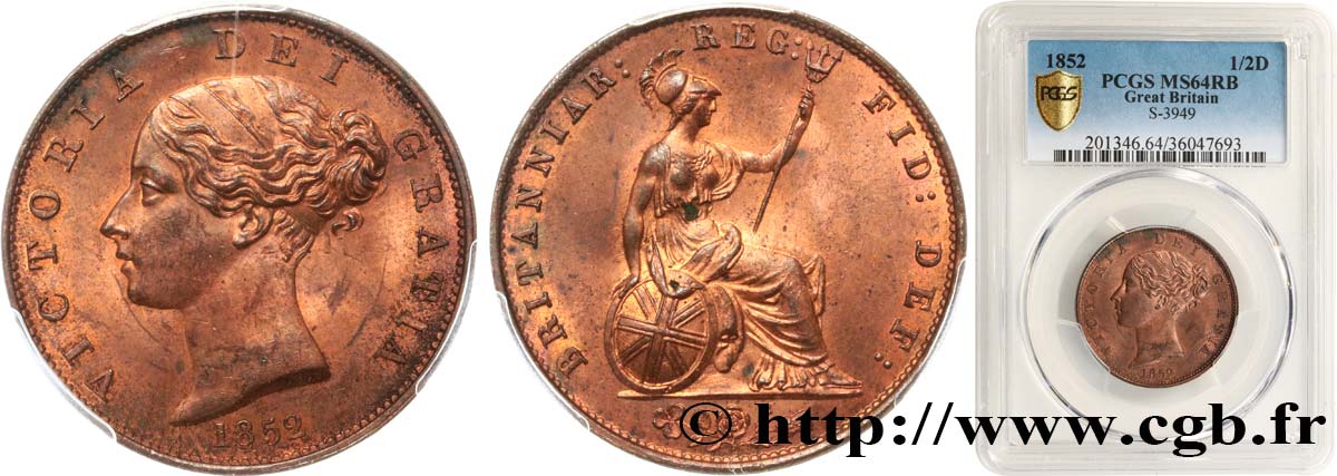 GREAT-BRITAIN - VICTORIA 1/2 Penny Victoria tête jeune 1852 Londres MS64 PCGS
