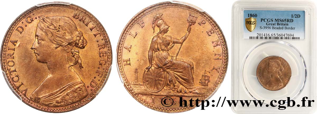 GREAT BRITAIN - VICTORIA 1/2 Penny Victoria “Bun Head” 1860  MS65 PCGS