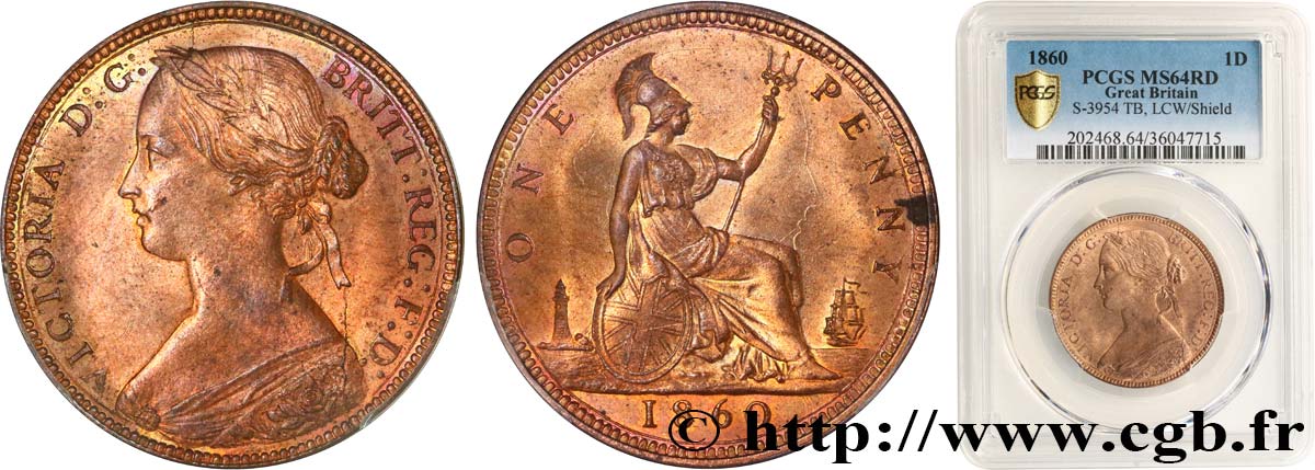 GREAT BRITAIN - VICTORIA 1 Penny “Bun Head” 1860  MS64 PCGS