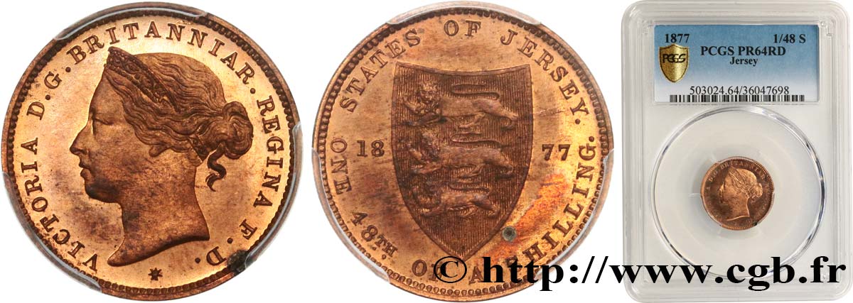ÎLE DE JERSEY - VICTORIA 1/48 Shilling Proof 1877 Heaton MS64 PCGS
