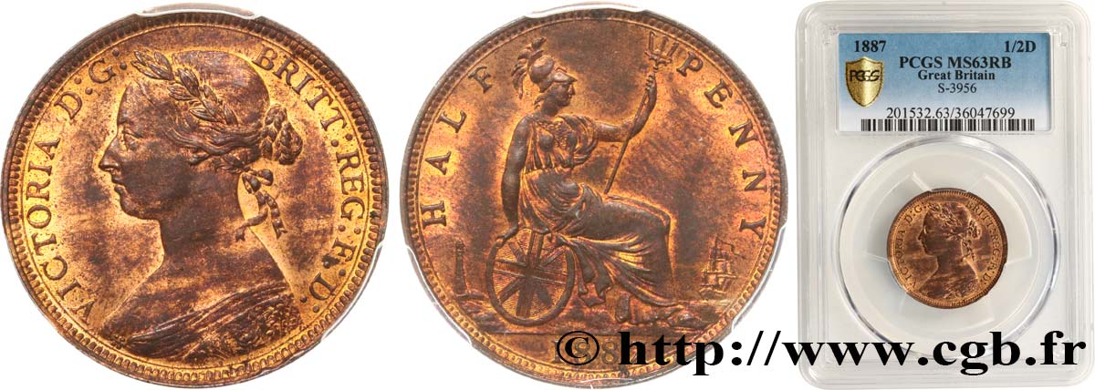 GREAT BRITAIN - VICTORIA 1/2 Penny Victoria “Bun Head” 1887  MS63 PCGS