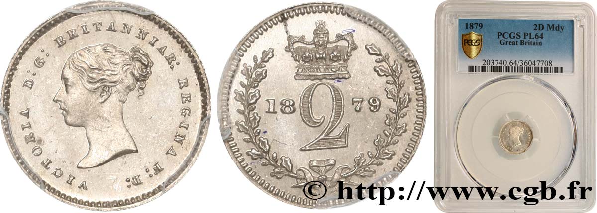 GRAN BRETAGNA - VICTORIA 2 Pence tête jeune 1879 Londres MS64 PCGS